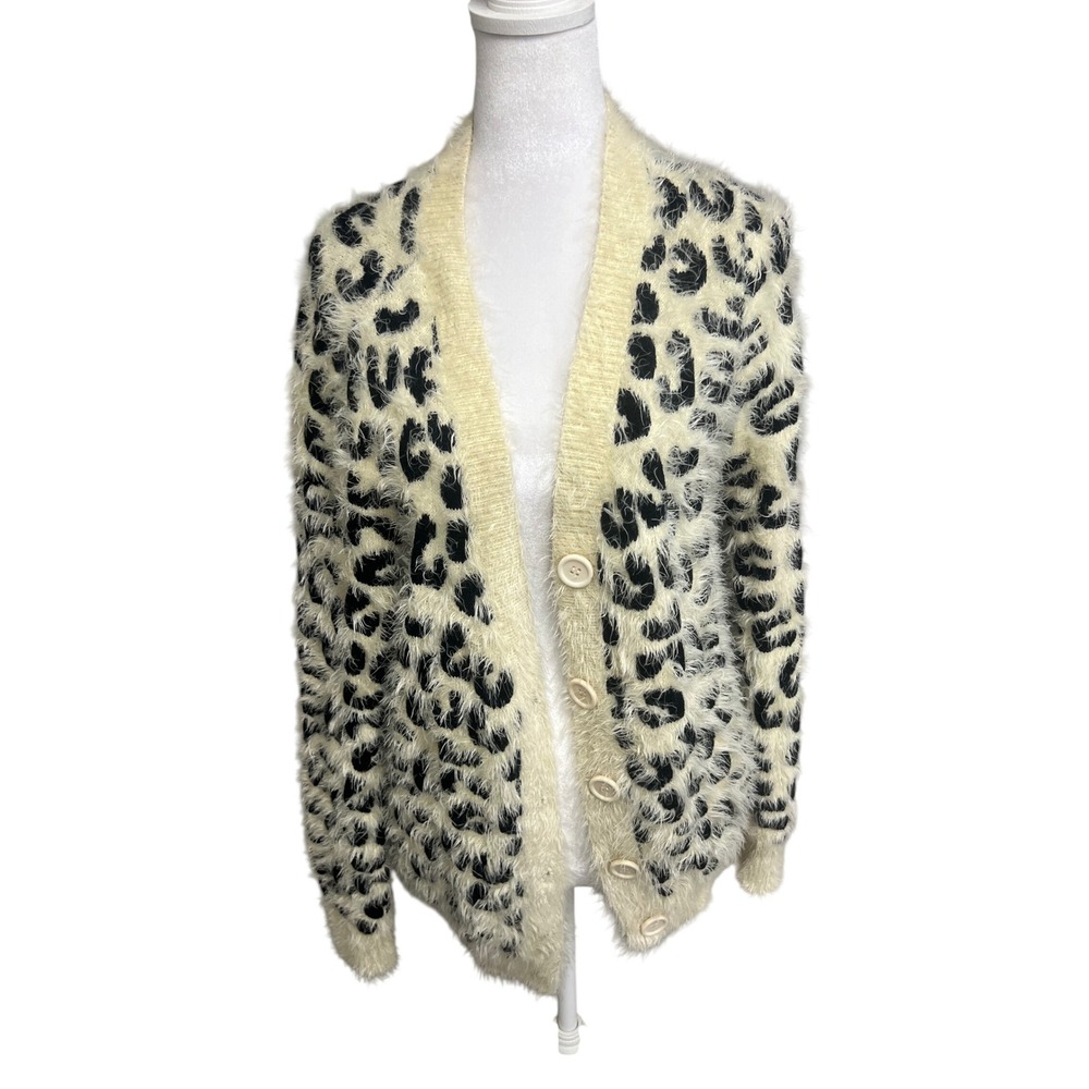 POL Samii Cardigan Women Sz S Leopard Animal Print Eyelash Knit Fuzzy Cream Fall